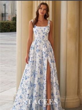 Stacees White Maxi Dress with Blue Floral Print